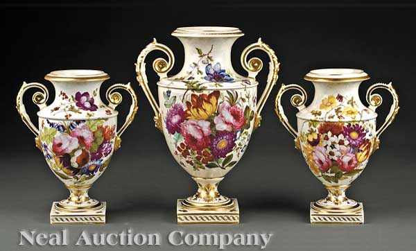 Appraisal: A Three-Piece Derby Polychrome and Gilt-Decorated Porcelain Garniture c marked