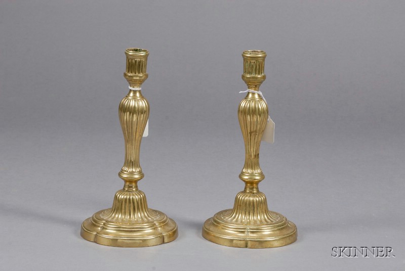 Appraisal: Pair of French Brass Louis XVI Style Candlesticks th century