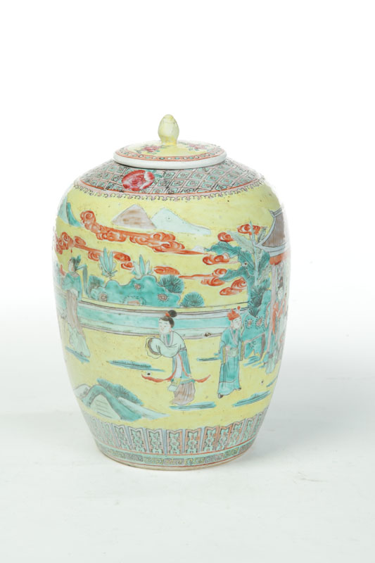 Appraisal: COVERED JAR China possibly late th century porcelain Famille Verte