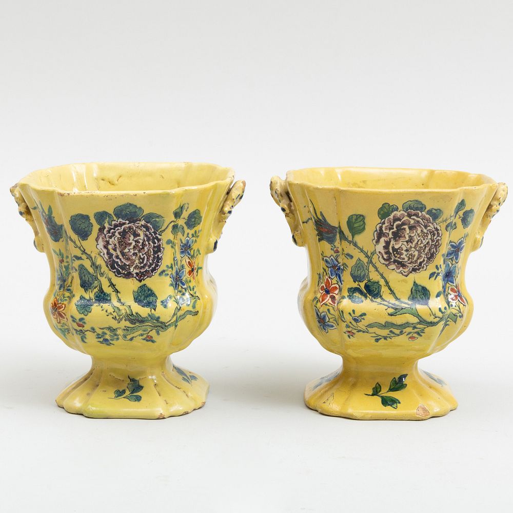 Appraisal: Pair of Yellow Ground Delft Vases Blue intersecting 'AP' mark