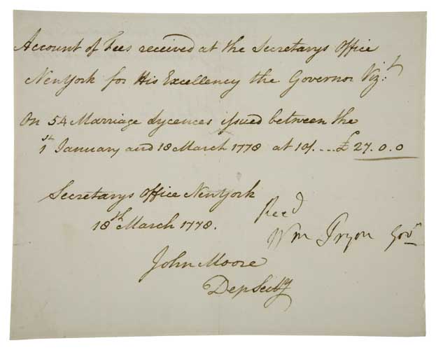 Appraisal: GOVERNOR OF TWO PROVINCES TRYON WILLIAM Document Signed Wm Tryon