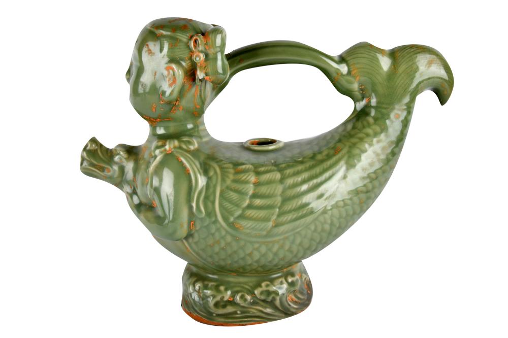 Appraisal: CHINESE CELADON CERAMIC FIGURAL POTunmarked decorated with brushed faux clay