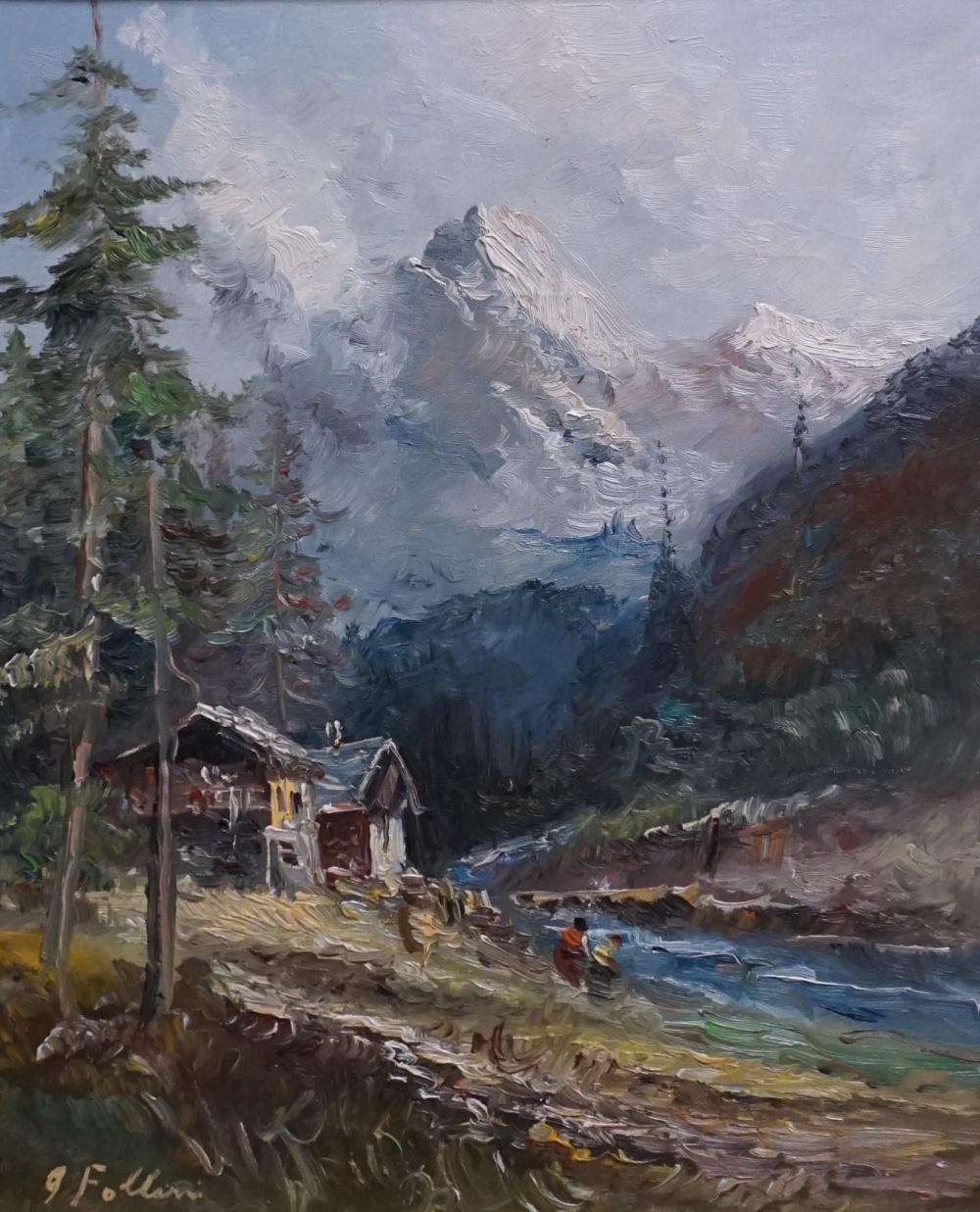 Appraisal: Follini Cabin View of Mountains Oil on Canvas Frame x