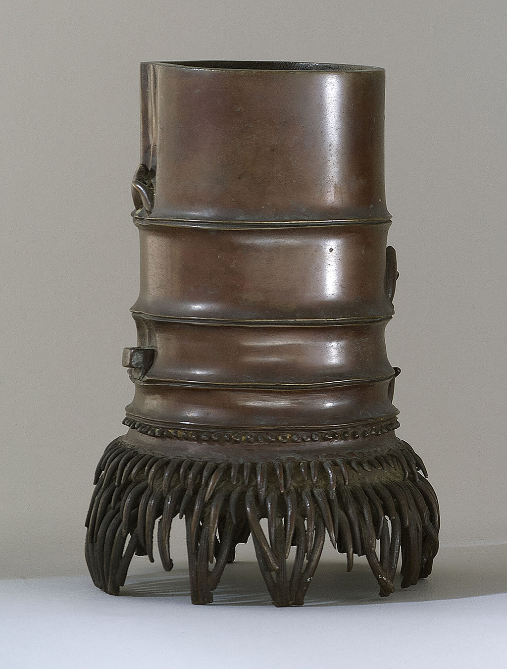 Appraisal: BRONZE VASE Meiji PeriodIn bamboo form with openwork bamboo root