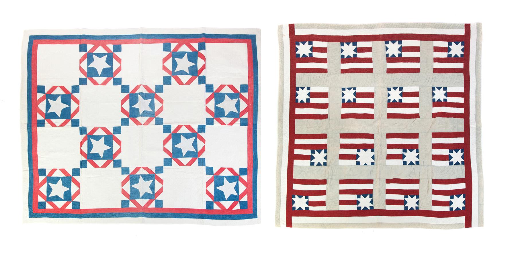 Appraisal: TWO HANDMADE PATRIOTIC PIECEWORK QUILTS Twentieth century Red white and