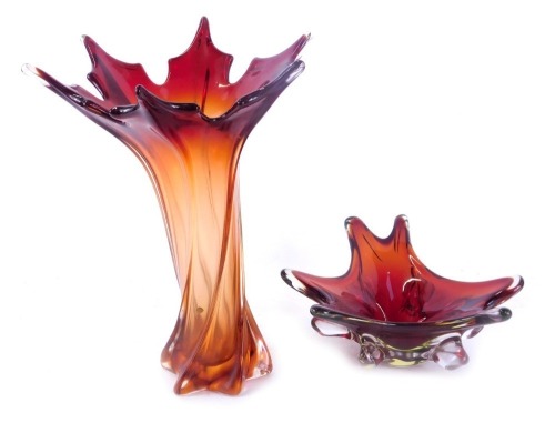 Appraisal: Two art glass vases comprising a maple leaf design fluted