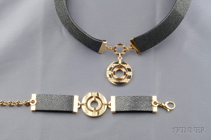 Appraisal: kt Gold Diamond and Sharkskin Suite Bulgari comprising pendant necklace