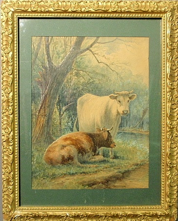 Appraisal: - Framed and matted watercolor landscape painting of cows by