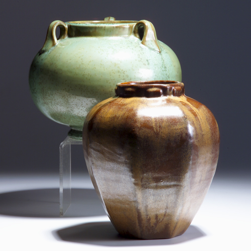 Appraisal: FULPER Two vases one faceted with collared rim covered in