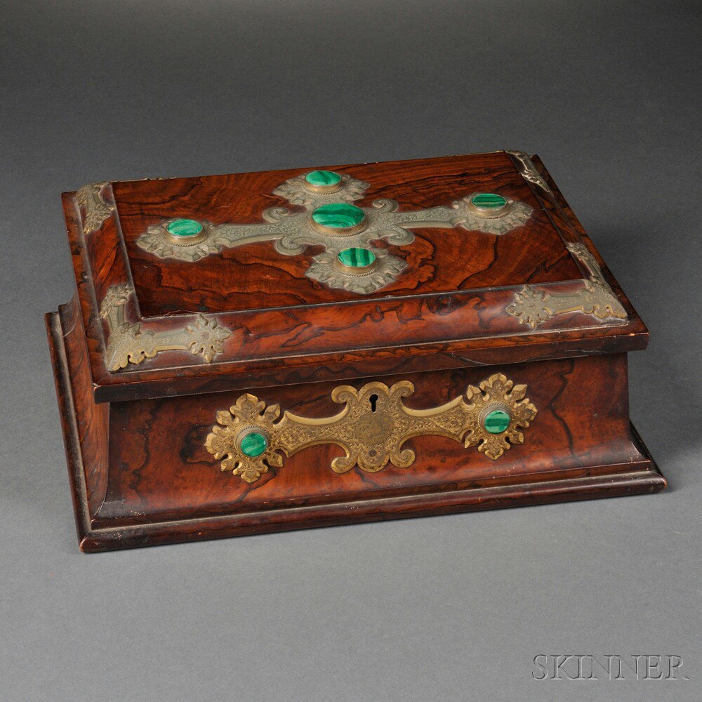 Appraisal: Malachite-inset and Brass-mounted Calamander Jewel Box Scotland th century rectangular