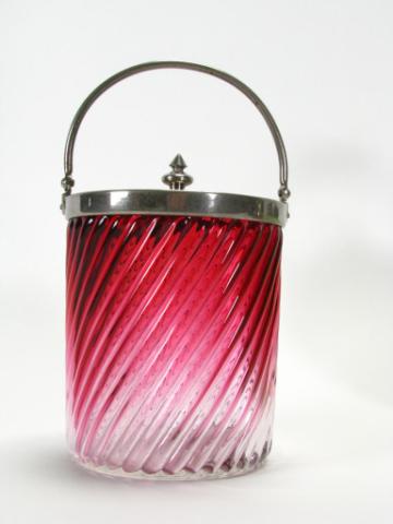 Appraisal: Cranberry to Clear Glass Biscuit Jar in diagonal rib pattern