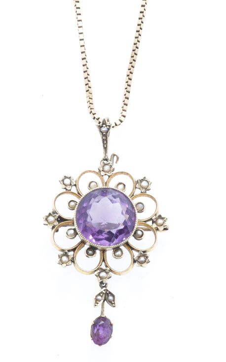 Appraisal: An early th century amethyst and seed pearl set pendant