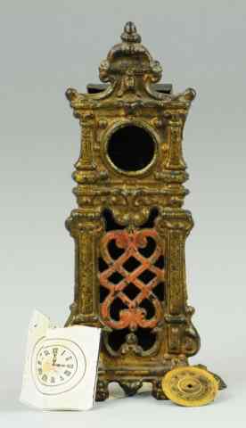 Appraisal: ORNATE HALL CLOCK WITH PAPER FACE STILL BANK Hubley cast