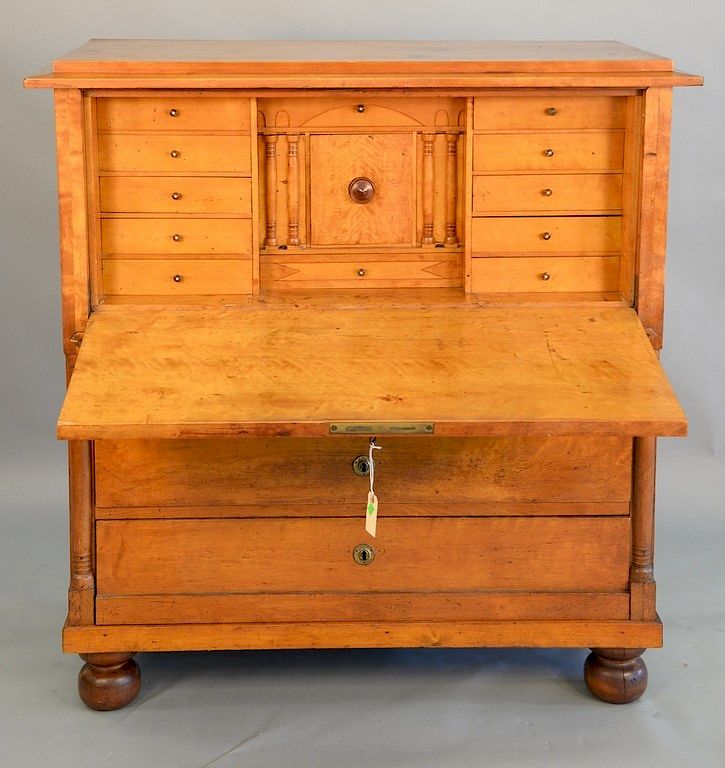 Appraisal: Cherry secretary abattant with drawered interior on bun feet early