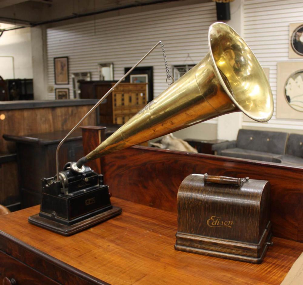 Appraisal: EDISON CYLINDER PHONOGRAPH WITH HORN AND RECORDS Thomas A Edison