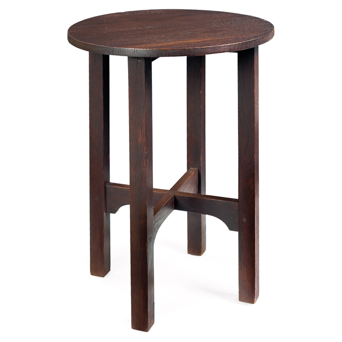 Appraisal: Gustav Stickley drink stand circular top over a notched cross-stretcher