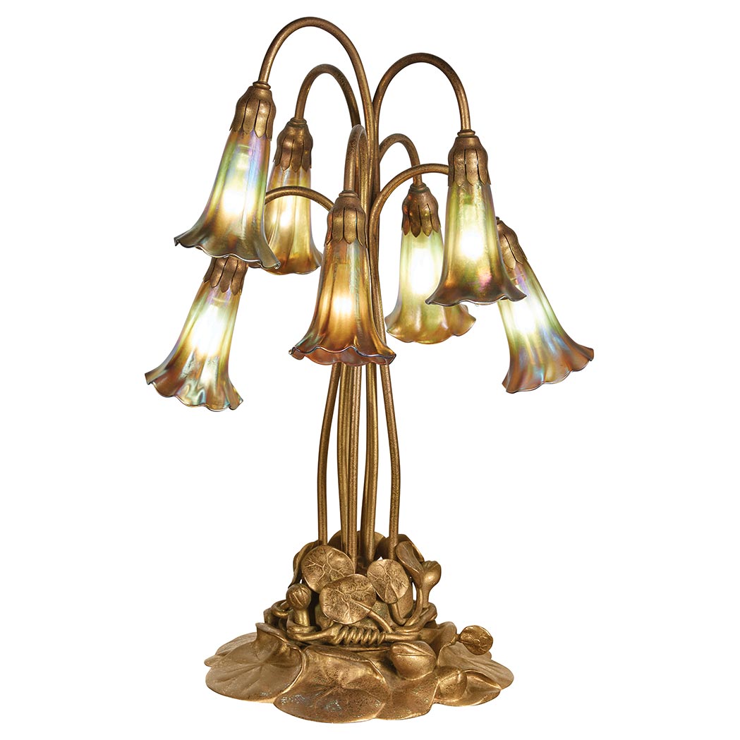 Appraisal: Tiffany Studios Gilt-Bronze and Favrile Glass Seven-Light Pond Lily Lamp