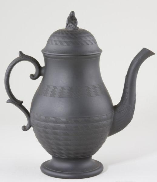 Appraisal: Wedgwood-Style Black Basalt Teapot with horizontal ribbing Widow Warburton finial