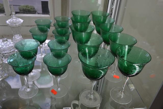 Appraisal: PART SET OF ETCHED GREEN RED AND WHITE WINE GLASSES