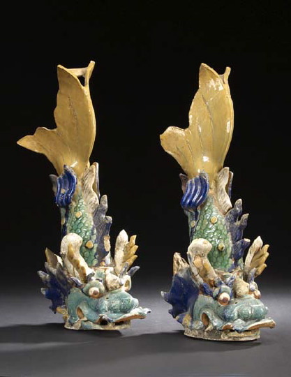 Appraisal: Large Pair of Chinese Tile Works Figures of Mythical Carp