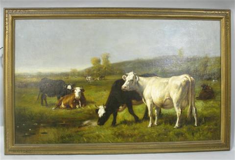 Appraisal: STYLE OF CARLETON WIGGINS AMERICAN - CATTLE WATERING Oil on