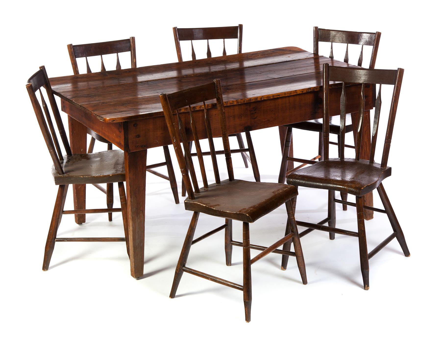 Appraisal: COUNTRY THREE-BOARD TOP TABLE AND SIX SIDE CHAIRS American Table