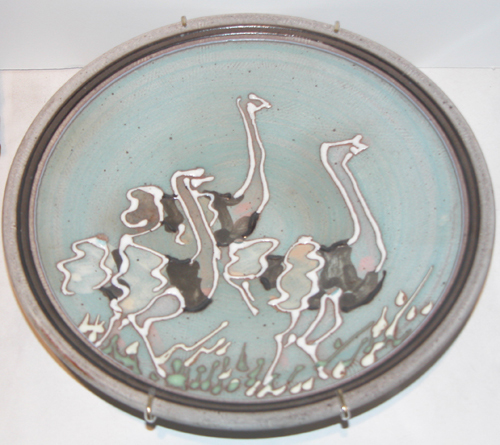 Appraisal: Ostrich Platter and Bird Vase Donn Hedman glazed ceramic x