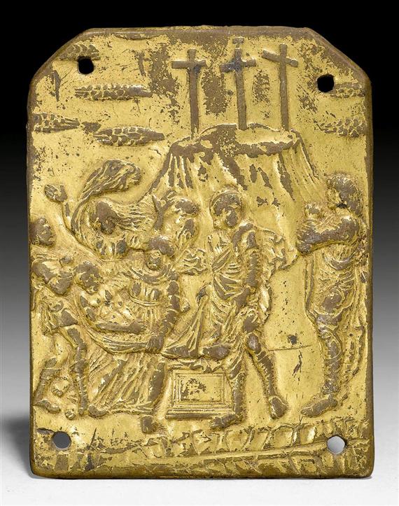 Appraisal: SMALL PLAQUE Italy th th century Gilt bronze Rectangular with