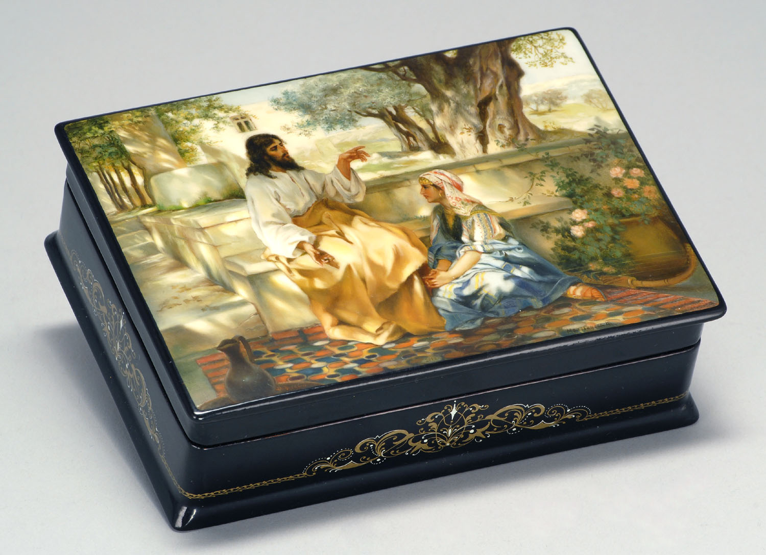 Appraisal: RUSSIAN FEDOSKINO LACQUER BOX With Jesus and Maria By Malozyomova