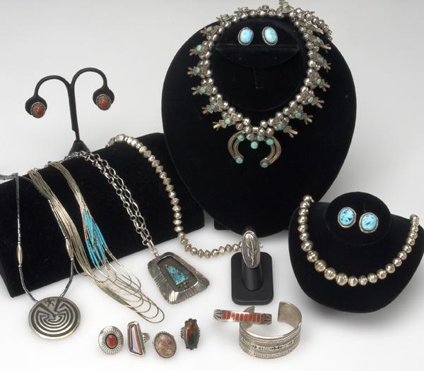 Appraisal: NATIVE AMERICAN SILVER JEWELRY Nineteen pieces includes Navajo shadow box