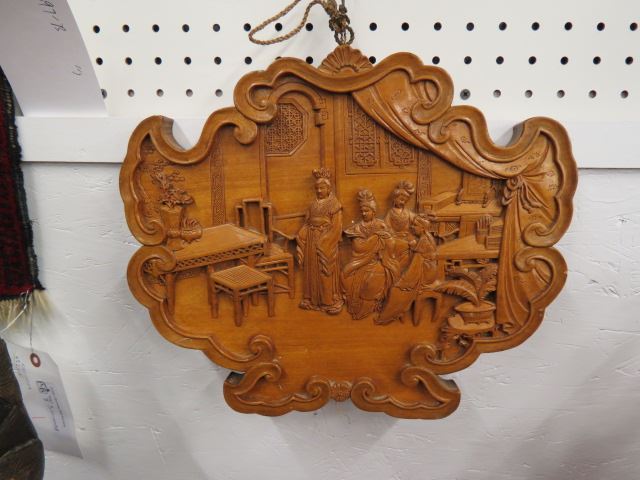 Appraisal: Carved Chinese Wooden Plaque interior scene with ladies deep carving