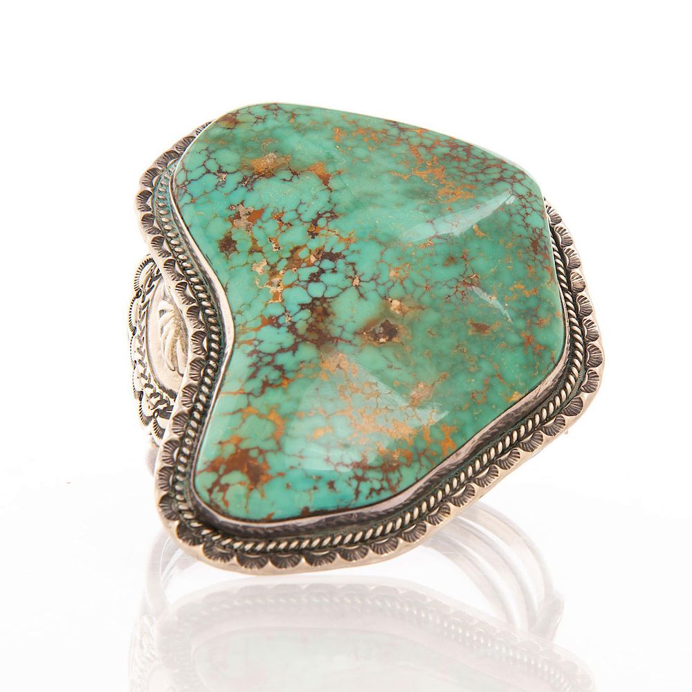 Appraisal: NATIVE AMERICAN LARGE TURQUOISE SILVER BRACELET Cuff bracelet with stamped