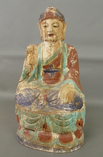 Appraisal: - Carved seated Asian Buddha probably th c with colorful