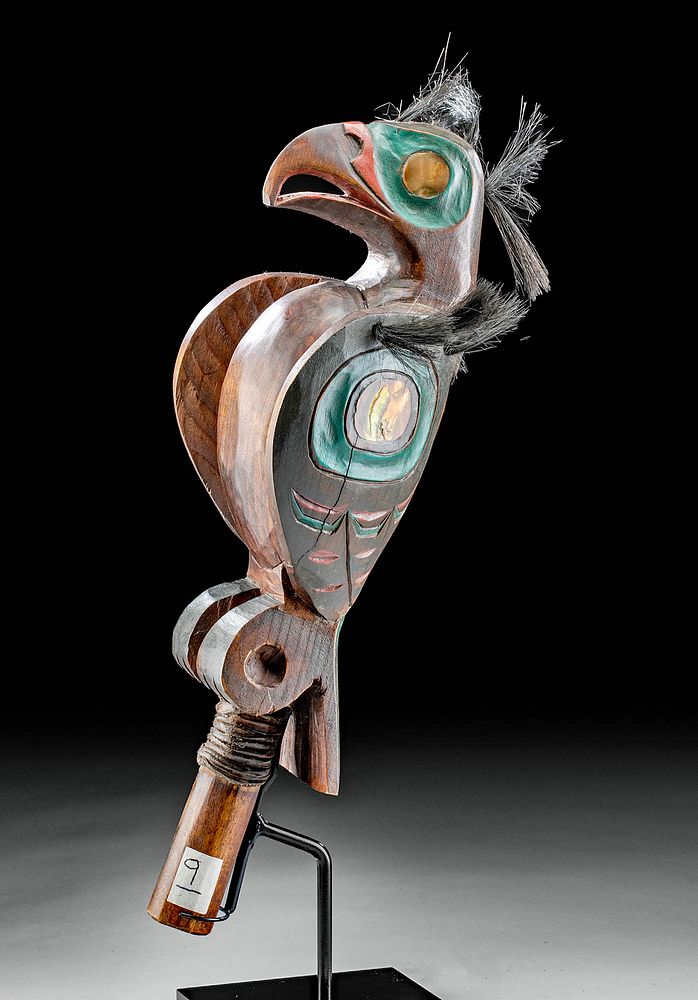 Appraisal: Vintage Haida Wood Raven Rattle w Nacre Inlays Hair Pacific