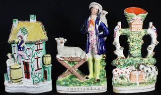 Appraisal: lot of English Staffordshire figural groups comprising 'Sheep Shearer' depicting