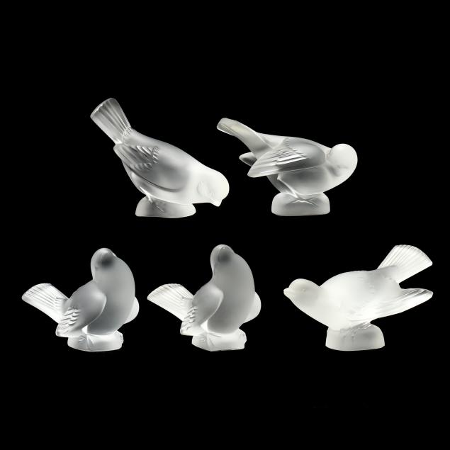 Appraisal: LALIQUE FIVE CRYSTAL SPARROWS France late th century frosted and