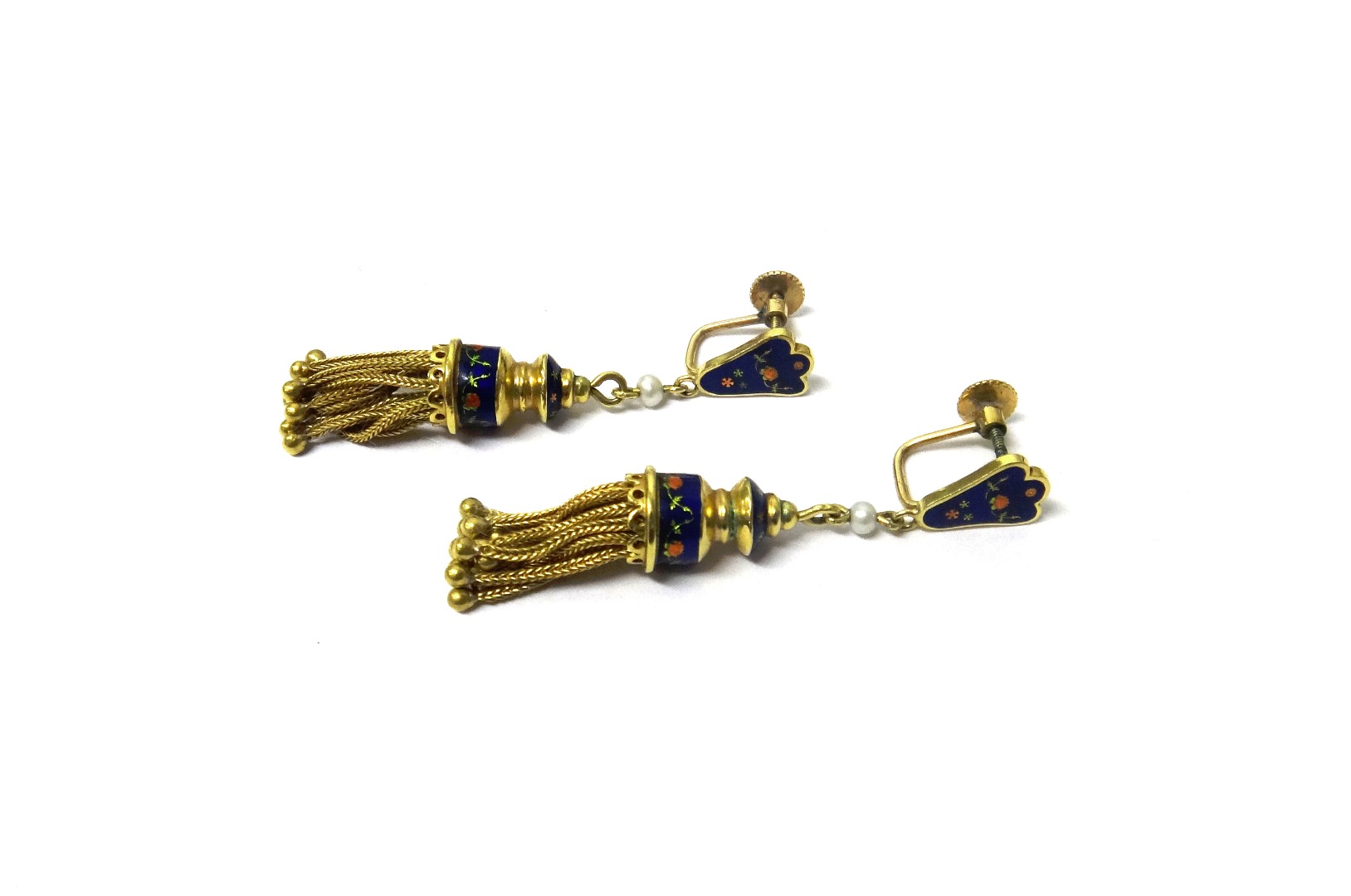 Appraisal: A pair of gold enamelled and seed pearl earrings each