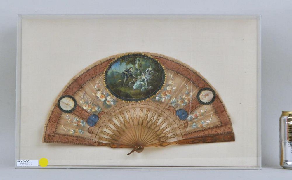 Appraisal: Framed French Signed Hand Painted Fan depicting a courting scene