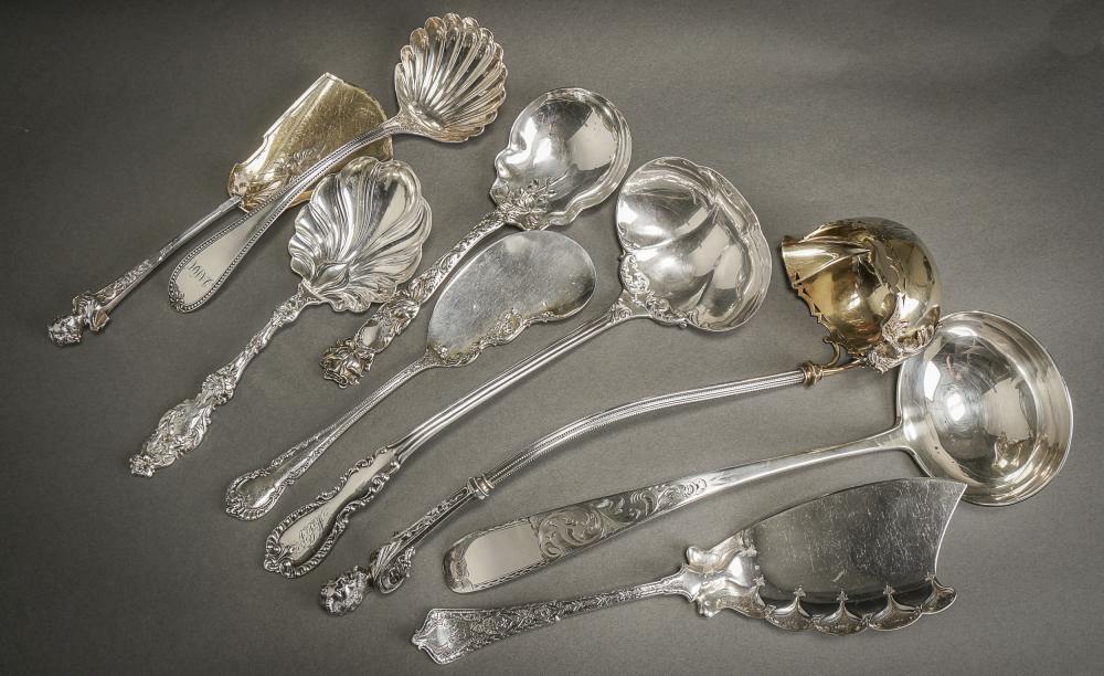 Appraisal: NINE ASSORTED AMERICAN SILVER FLAT TABLE SERVING ARTICLES VARIOUS MAKERS