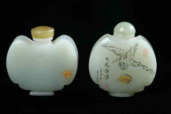 Appraisal: TWO CHINESE CELADON JADE BAT AND BUTTERFLY-FORM SNUFF BOTTLES One