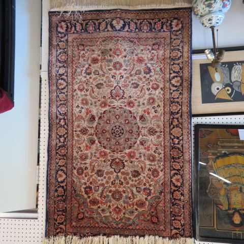 Appraisal: Silk Persian Handmade Rug central medallion elaborate flowering vine ivory