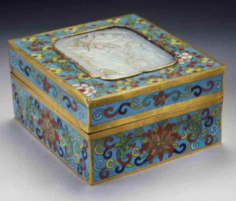 Appraisal: Chinese Qing jade inlaid cloisonne box depictingfigures birds and flowers