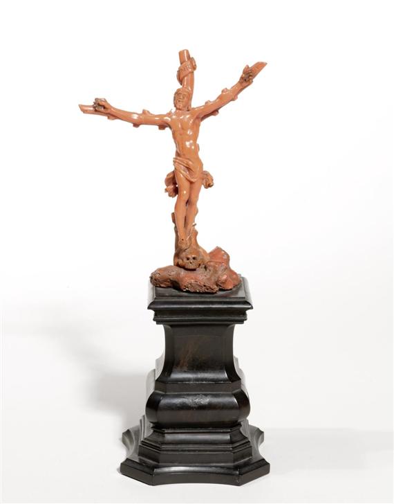 Appraisal: CRUCIFIXION Italy probably Trapani th cent Carved red coral Ebony