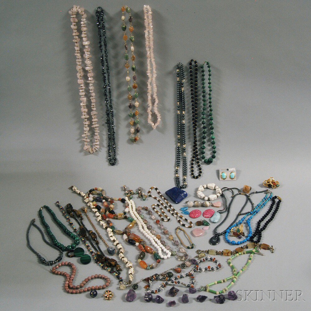 Appraisal: Group of Hardstone Jewelry primarily beaded necklaces stones include rose