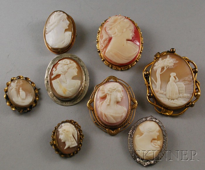 Appraisal: Eight Shell-carved Cameo Brooches one framed in kt gold including