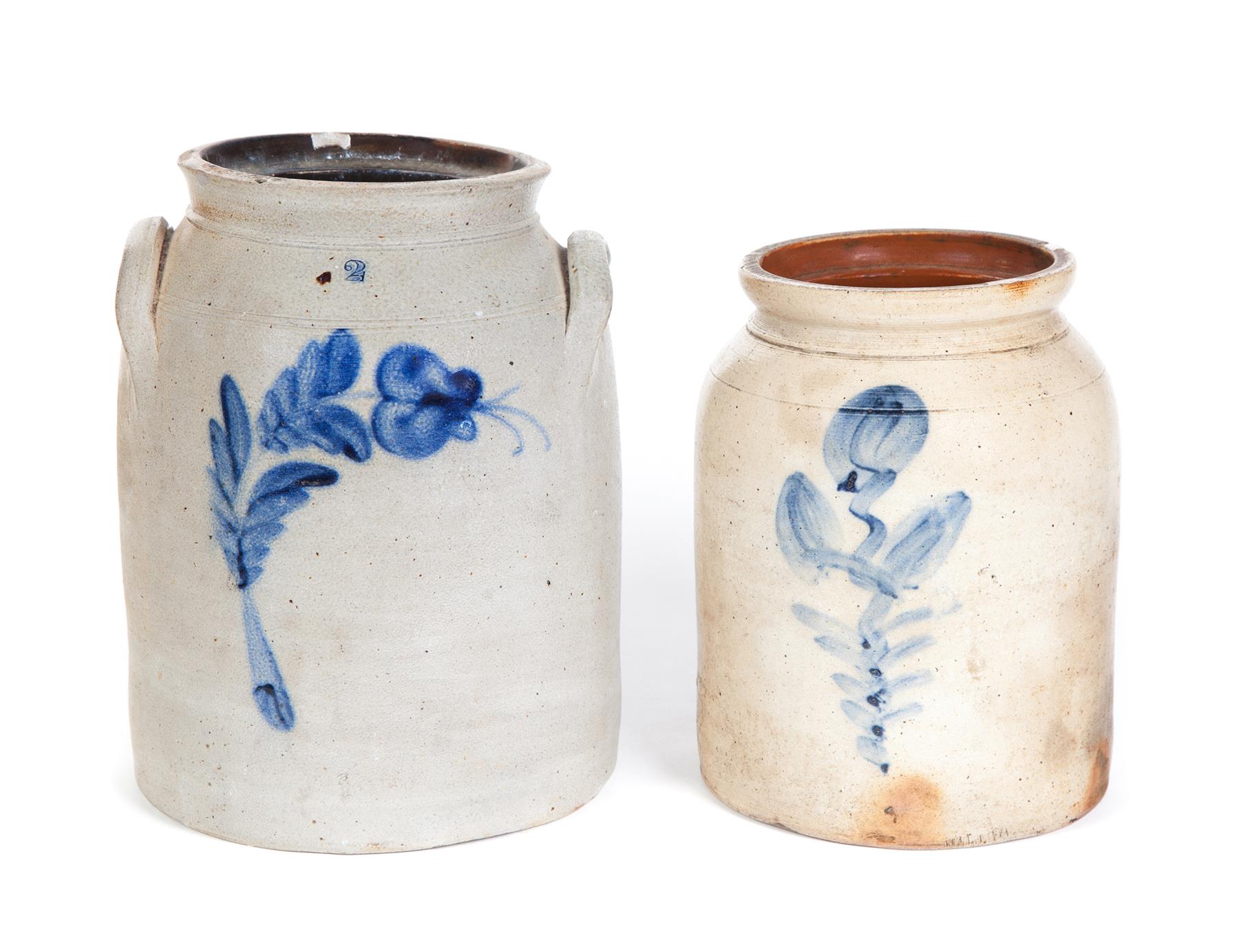 Appraisal: TWO STONEWARE JARS WITH FREEHAND COBALT DECORATION American th quarter-