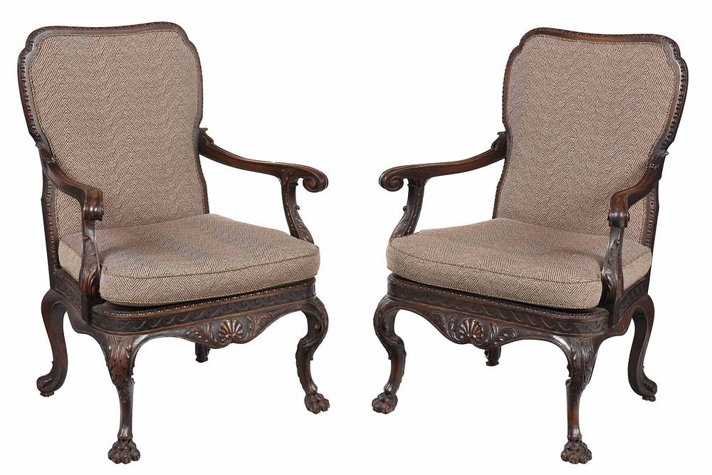 Appraisal: Pair Irish George II Style Walnut Library Chairs th century