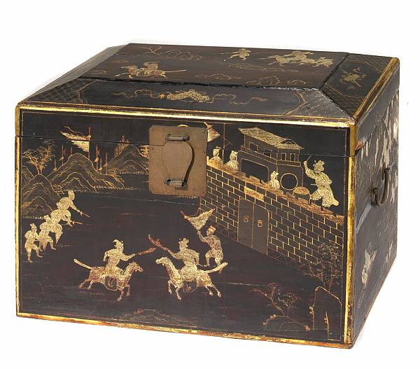 Appraisal: A Chinese black and gold lacquer hinged chest decorated with