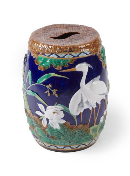 Appraisal: GEORGE JONES MAJOLICA GARDEN SEAT CIRCA barrel-shaped moulded with herons