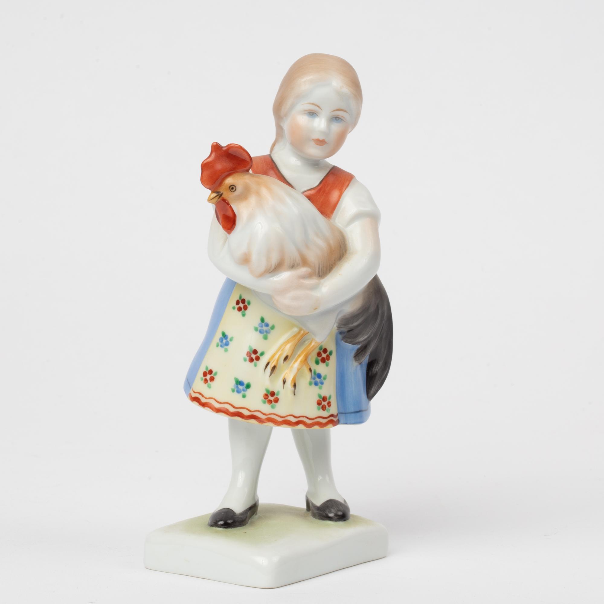 Appraisal: HEREND HAND-PAINTED PORCELAIN GIRL WITH ROOSTER A Herend Hungary hand-painted